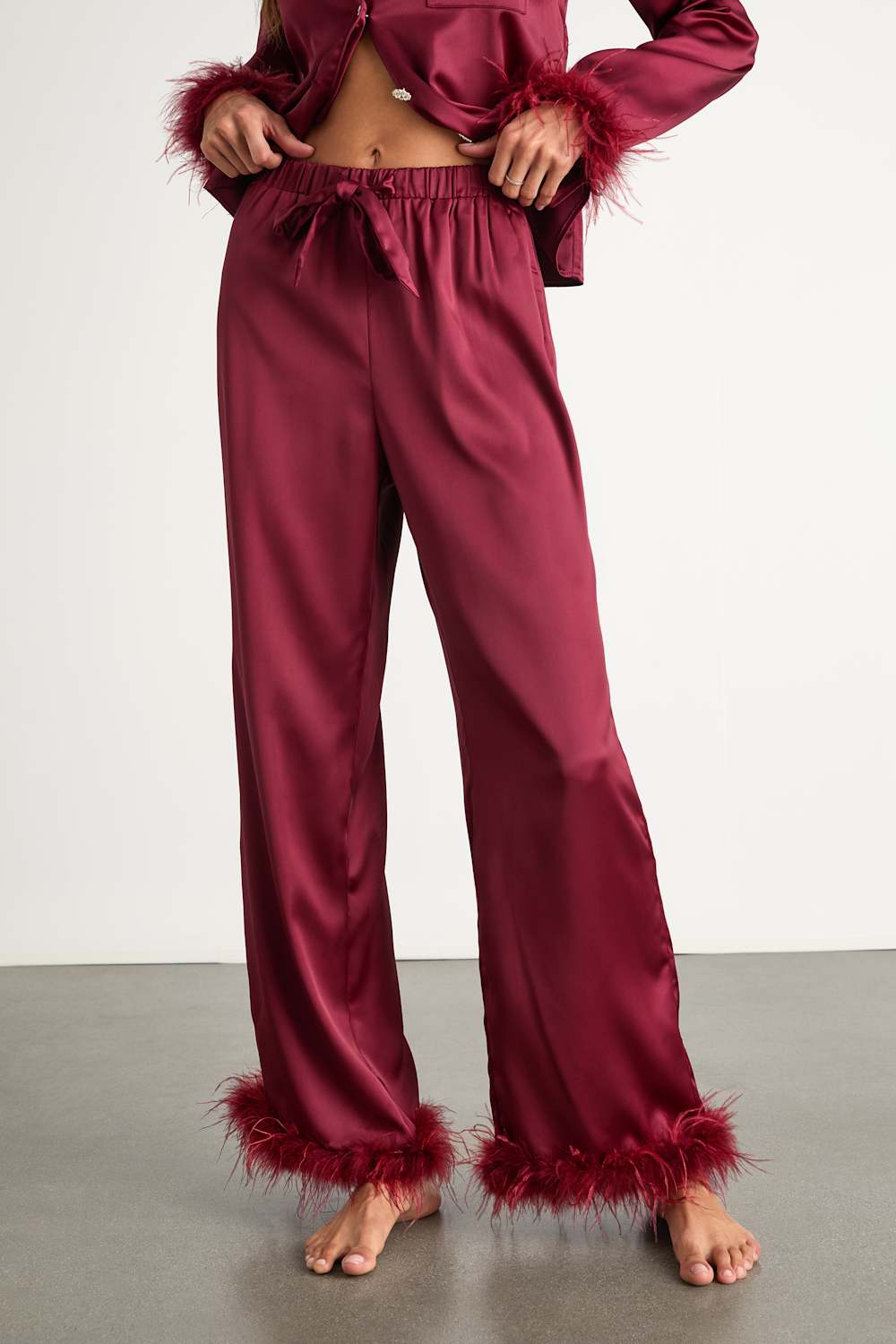Dreamiest Delight Burgundy Satin Feather Two-Piece Pajama Set