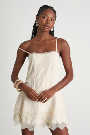 White Sahima Cream Lace Tiered Mini Dress | Womens | Large (Available in XL) | 100% Polyester | Lulus