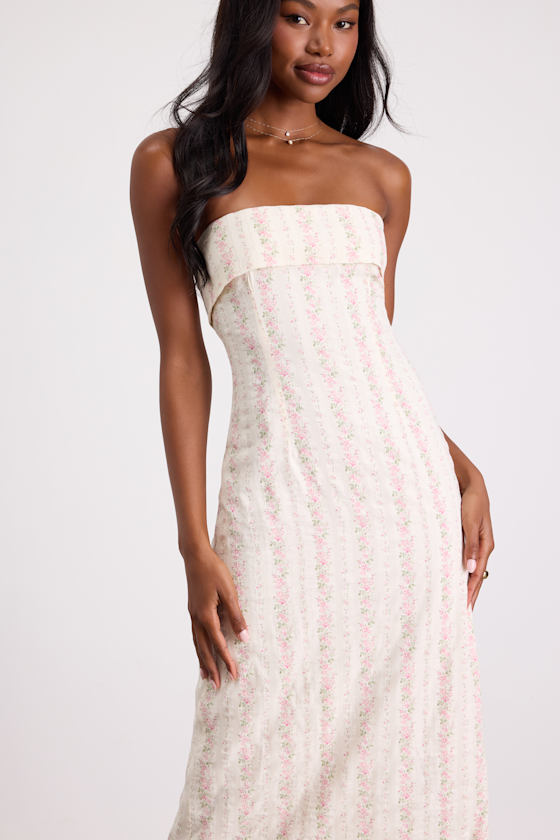Ivory Floral Dress - Strapless Midi Dress - Column Midi Dress - Image 2