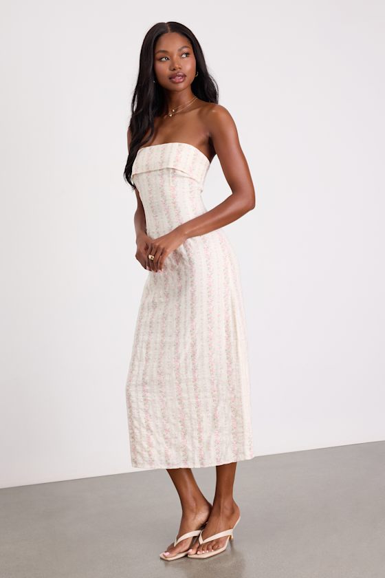Ivory Floral Dress - Strapless Midi Dress - Column Midi Dress - Image 4