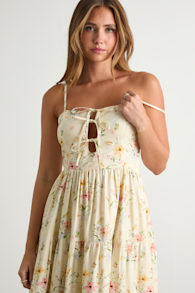 Nattie Pale Yellow Floral Tie-Front Tiered Midi Dress 1