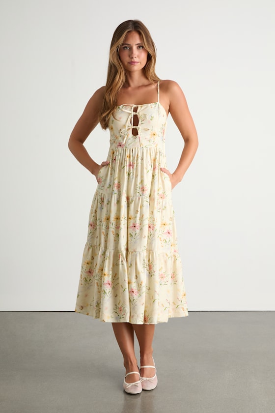 Nattie Pale Yellow Floral Tie-Front Tiered Midi Dress 2