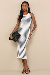 Tove White Striped Ribbed Knit Bodycon Midi Dress 2