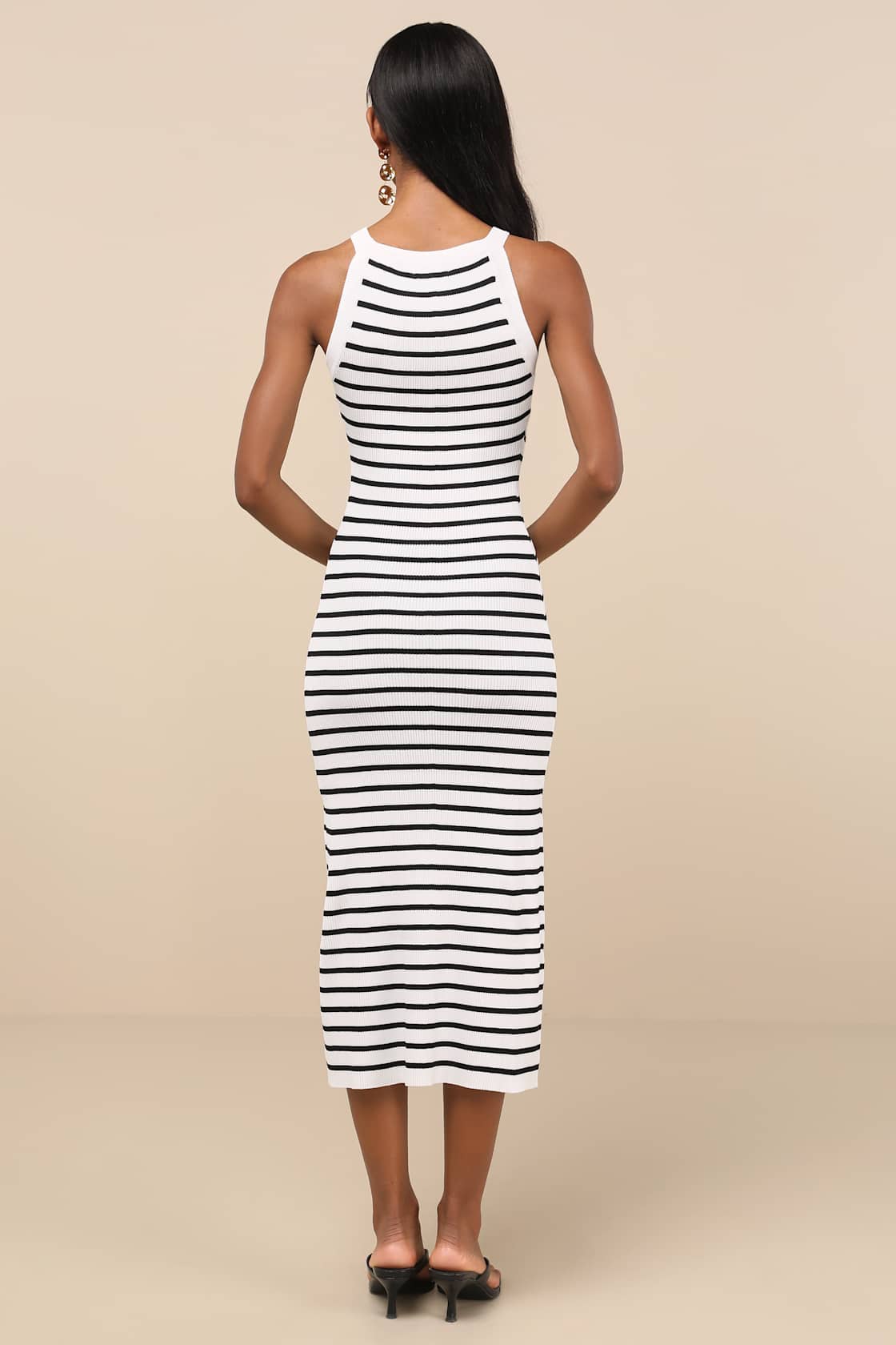 Tove White Striped Ribbed Knit Bodycon Midi Dress