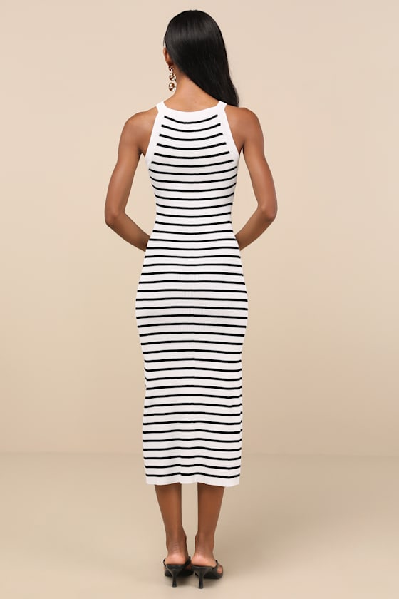Tove White Striped Ribbed Knit Bodycon Midi Dress 5