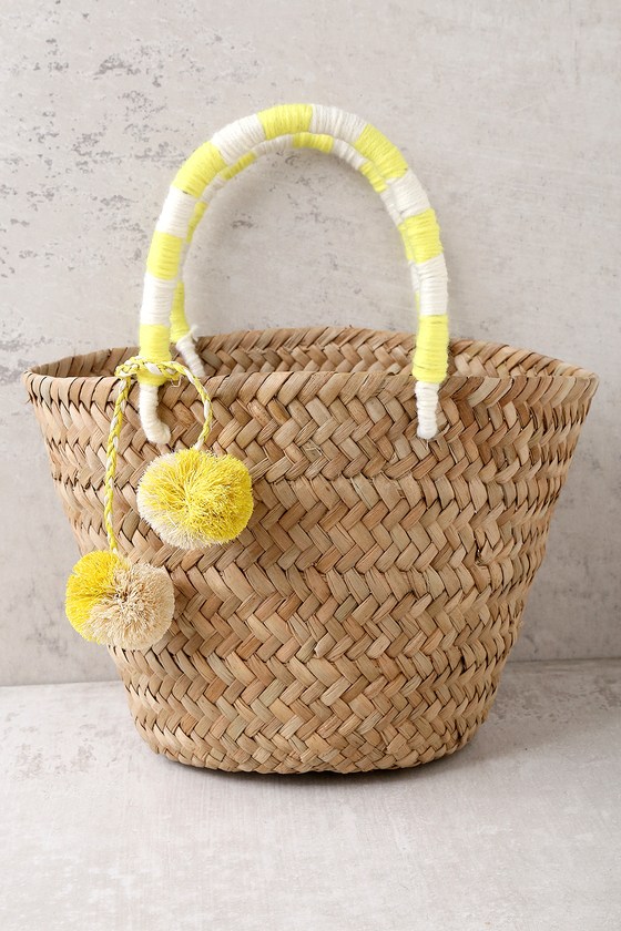 KAYU Mini St. Tropez Beige and Yellow Woven Basket Bag