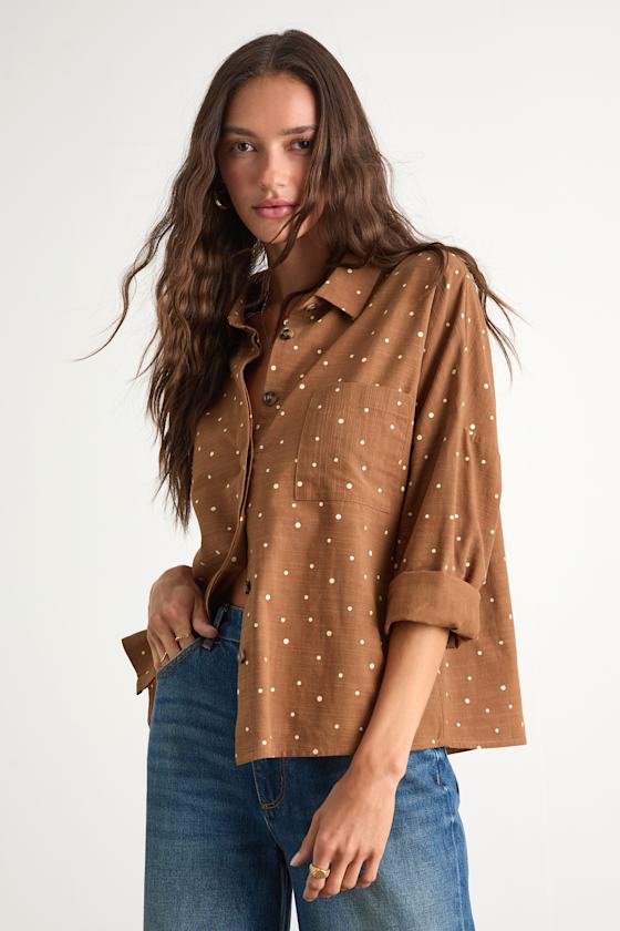 Brown Polka Dot Button-Up Top - Long Sleeve Top - Collared Top - Lulus