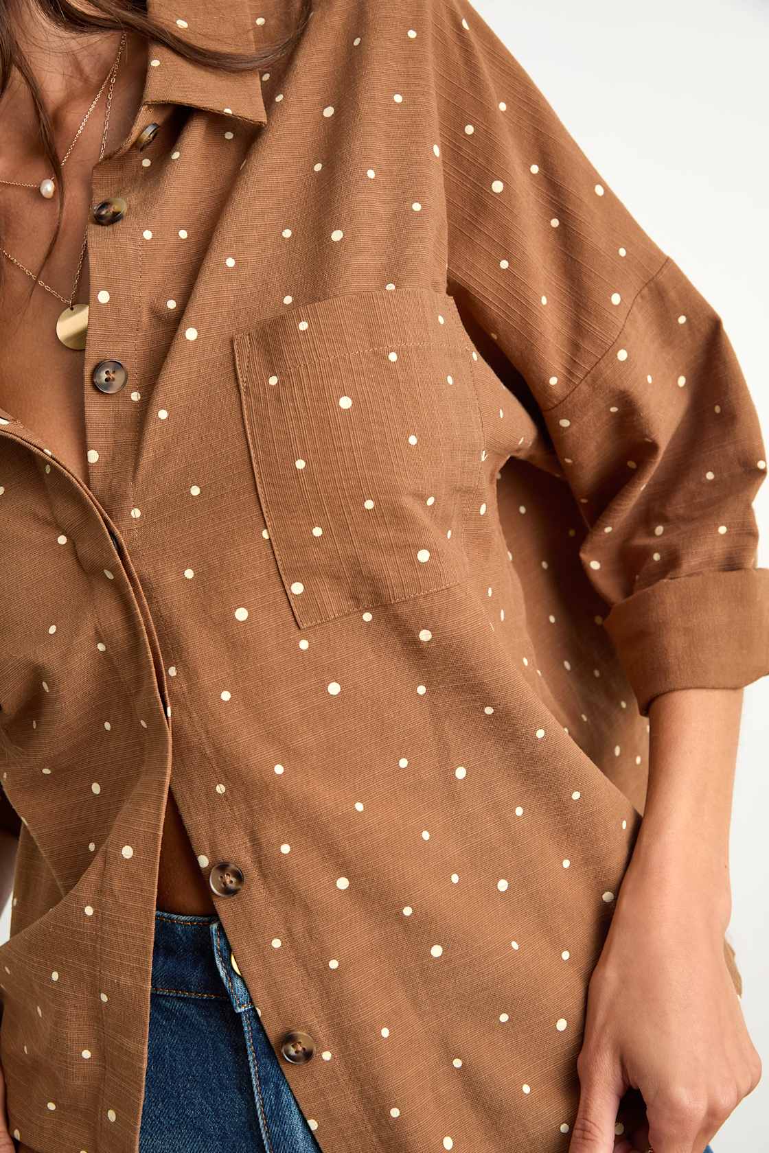 Amelia Dawn Brown Polka Dot Long Sleeve Button-Up Top