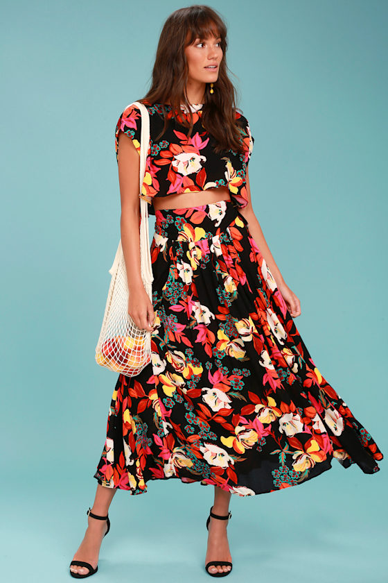 Free People Sundown Black Floral Print Two-Piece Dress 1