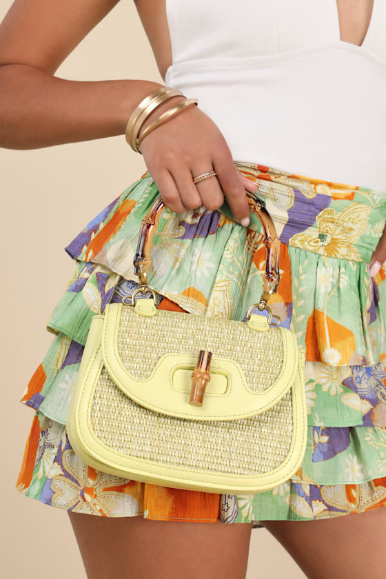 Image of Alhena Lime Green Raffia Bamboo Handle Bag