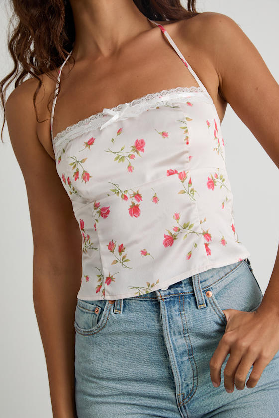 Demi White Floral Satin Halter Cami Top 2
