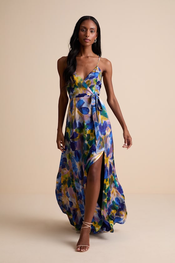 Image of Still the One Blue Multi Floral Print Satin Maxi Dress