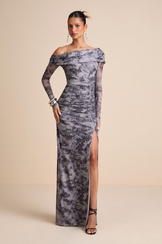 Lulus Darla Grey Tie-dye Mesh One-shoulder Long Sleeve Maxi Dress In Gray