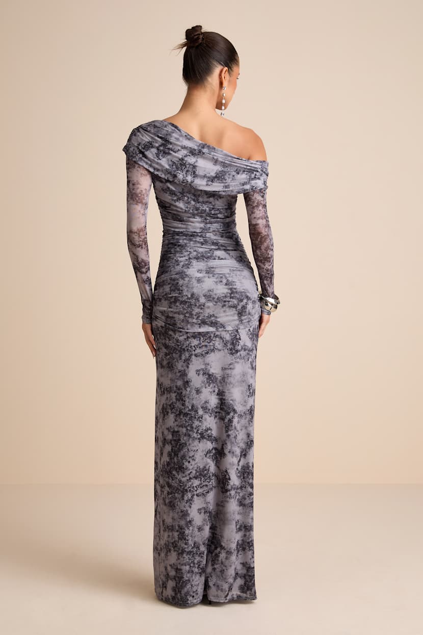 Grey Tie-Dye Mesh One-Shoulder Long Sleeve Maxi Dress | Womens | X-Small | 100% Polyester | Lulus Grey Tie-Dye Mesh One-Shoulder Long Sleeve Maxi Dress | Womens | X-Small | 100% Polyester | Lulus