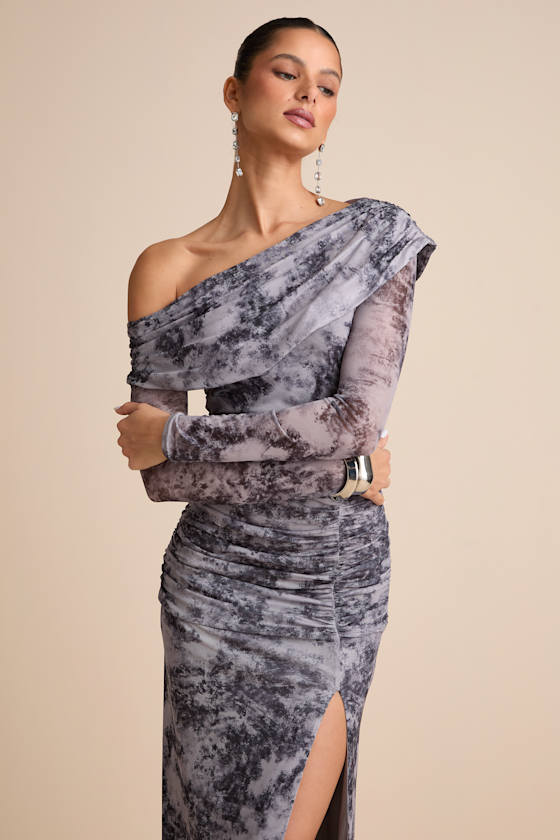Darla Grey Tie-Dye Mesh One-Shoulder Long Sleeve Maxi Dress 4