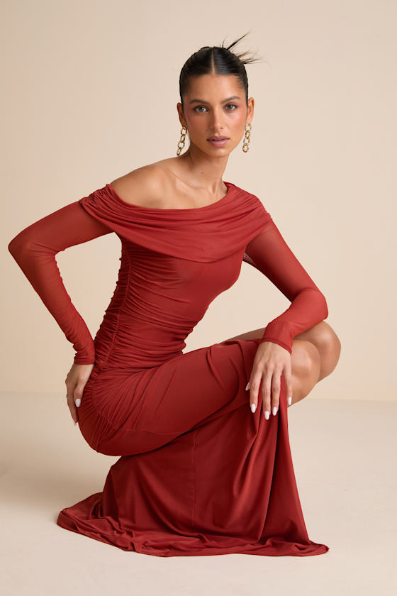 Image of Darla Rust Red Mesh One-Shoulder Long Sleeve Maxi Dress