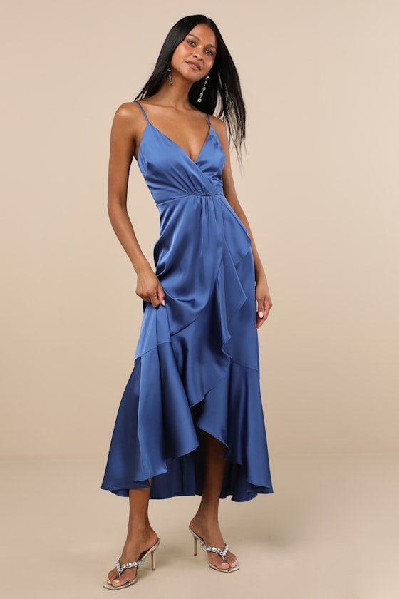 Enchanted Moments Blue Satin Ruffled High-Low Dress 1