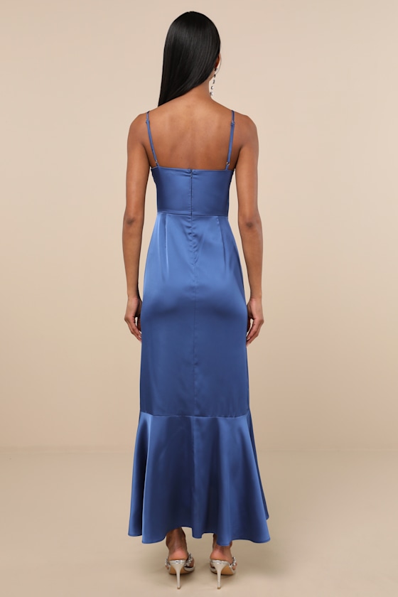 Blue Maxi Dress - Satin Ruffled Dress - Surplice High-Low Dress - Image 3