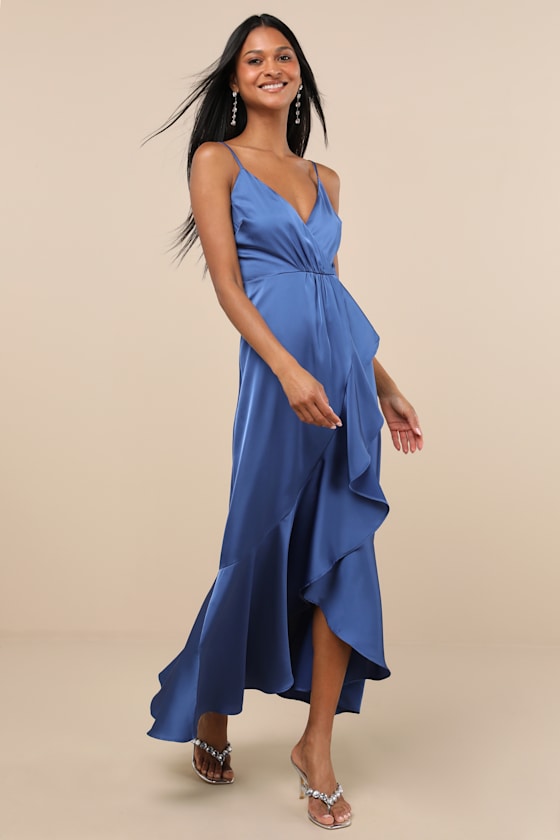 Blue Maxi Dress - Satin Ruffled Dress - Surplice High-Low Dress - Image 4