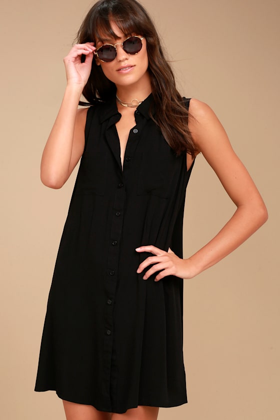 Chic Black Dress Shirt Dress Sleeveless Dress Lulus