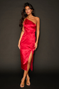 Desirable Dream Red Satin Jacquard Halter Neck Midi Dress 1