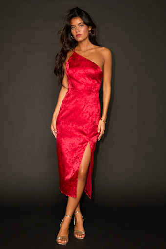 Desirable Dream Red Satin Jacquard Halter Neck Midi Dress 1