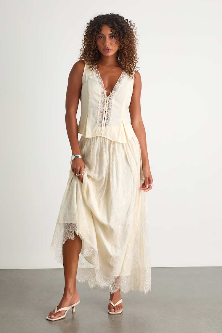 Lulus | Ivory Eyelash Lace High-Rise Maxi Skirt | Womens | X-Small Lulus | Ivory Eyelash Lace High-Rise Maxi Skirt | Womens | X-Small