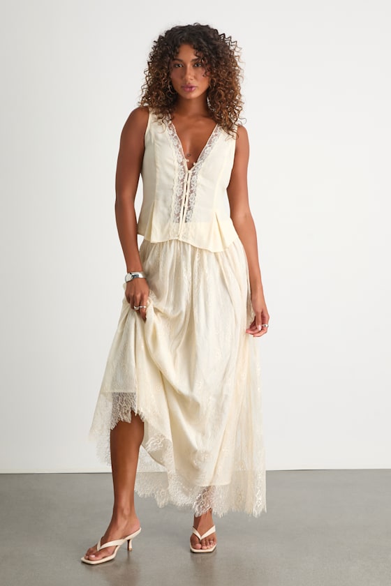 Amanda Ivory Eyelash Lace High-Rise Maxi Skirt 1