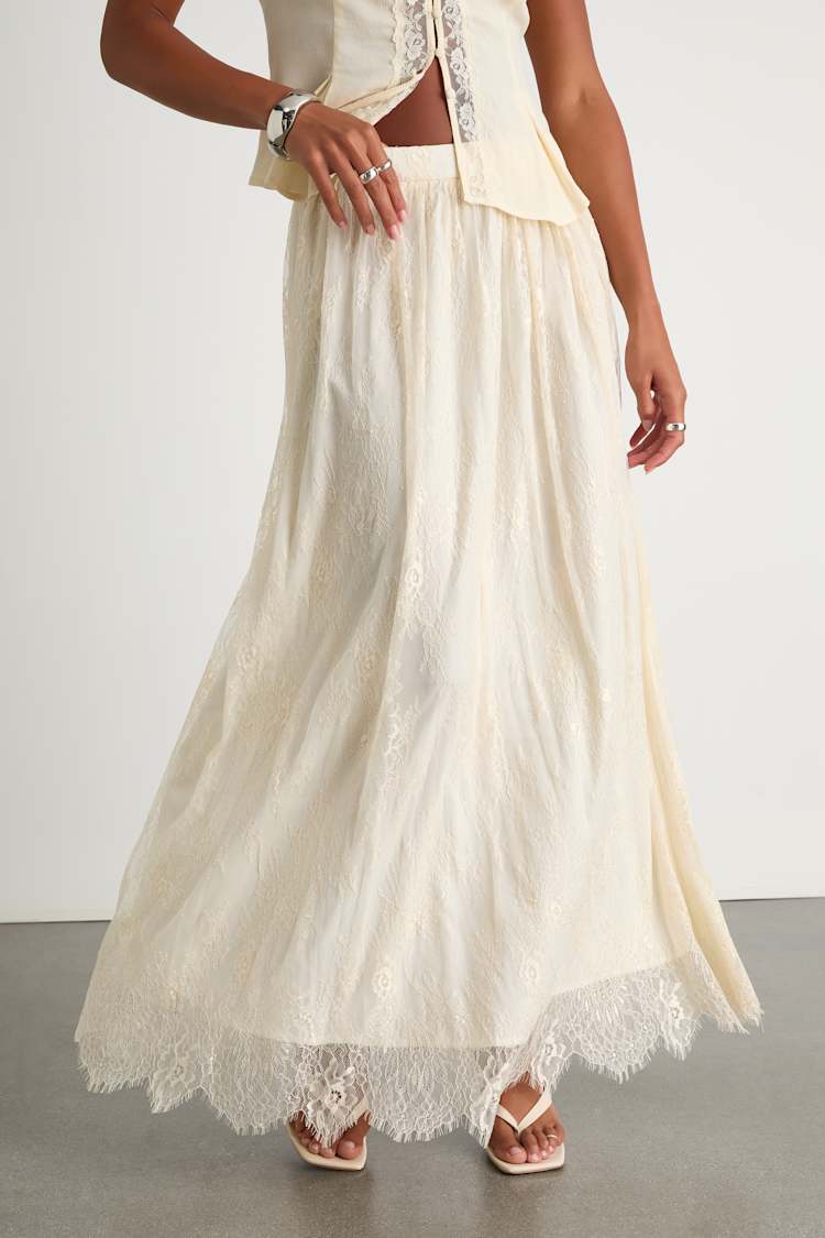 Amanda Ivory Eyelash Lace High-Rise Maxi Skirt