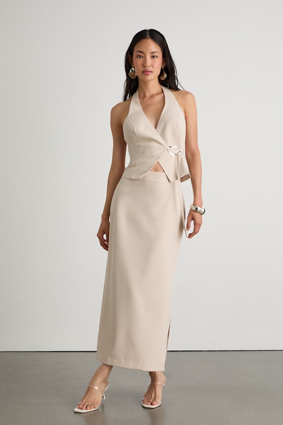 Virginia Beige Low-Rise Midi Skirt 1