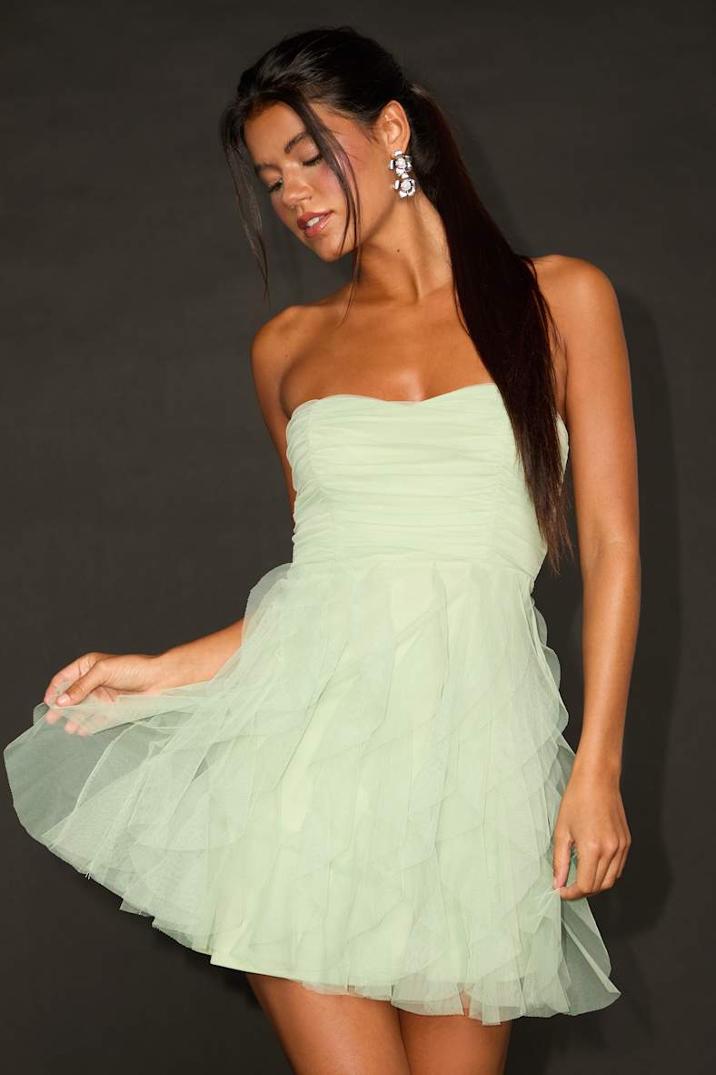 Delightful Beauty Mint Green Mesh Strapless Ruffled Mini Dress