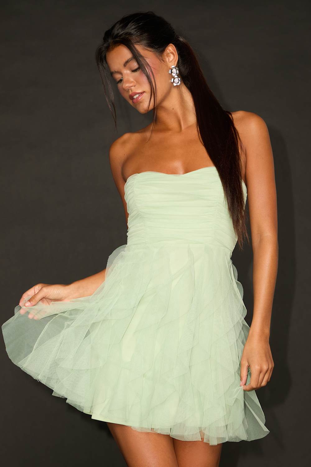 Delightful Beauty Mint Green Mesh Strapless Ruffled Mini Dress