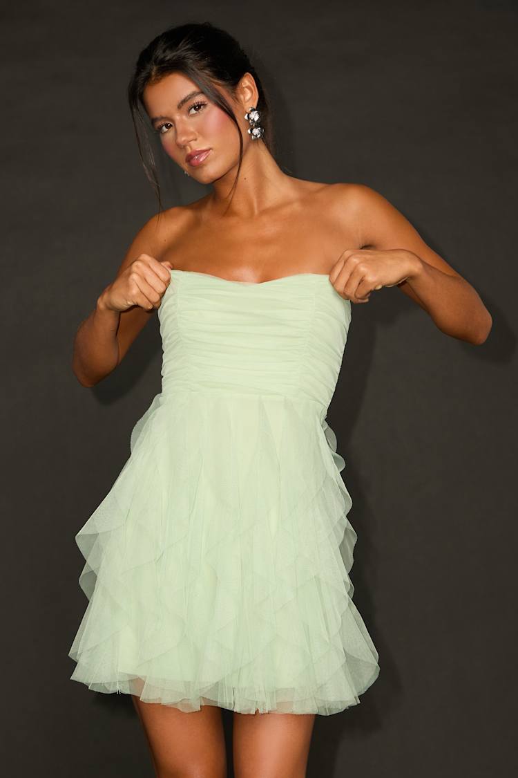 strapless mint green dress Light Sage Tiered Tulle Strapless Bridesmaid Dress – Lisposa main image 0