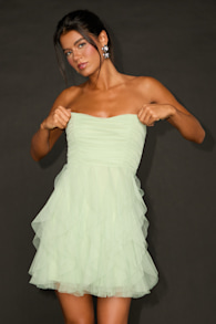 Delightful Beauty Sage Green Mesh Strapless Ruffled Mini Dress 8