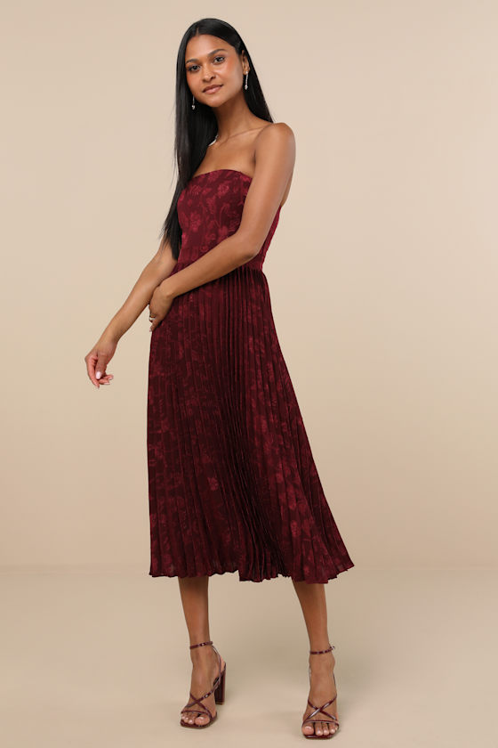 Perfectly Stunning Burgundy Jacquard Strapless Midi Dress 1