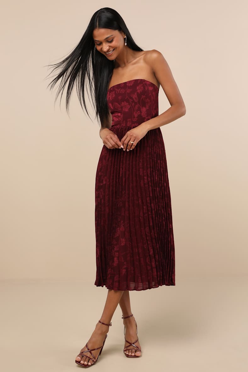 Perfectly Stunning Burgundy Jacquard Strapless Midi Dress