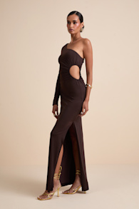 Malayah Brown Jersey Knit Cutout Column Maxi Dress 5