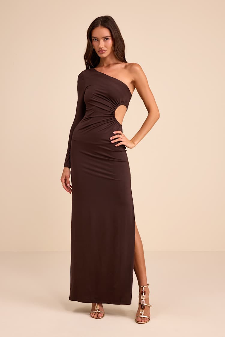 Brown Jersey Knit Cutout Column Maxi Dress | Womens | Small (Available in XS, M, L, Xl) | 100% Polyester