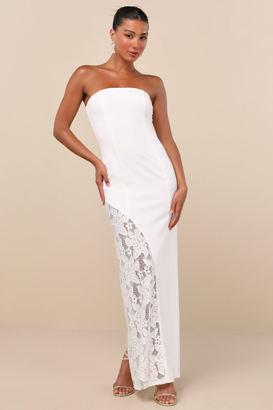 Irresistible Attitude White Strapless Lace Column Maxi Dress 2