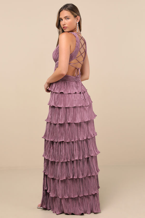 Beauty Icon Dusty Purple Satin Pleated Tiered Lace-Up Maxi Dress 1