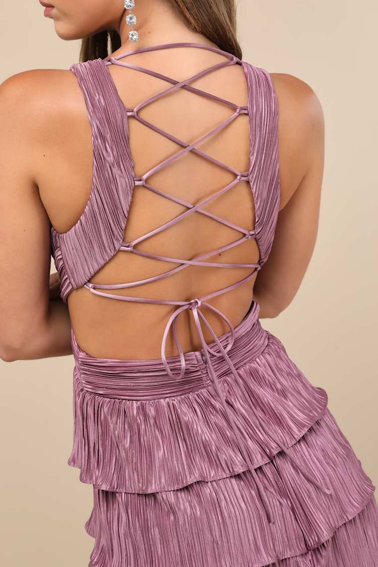Beauty Icon Dusty Purple Satin Pleated Tiered Lace-Up Maxi Dress