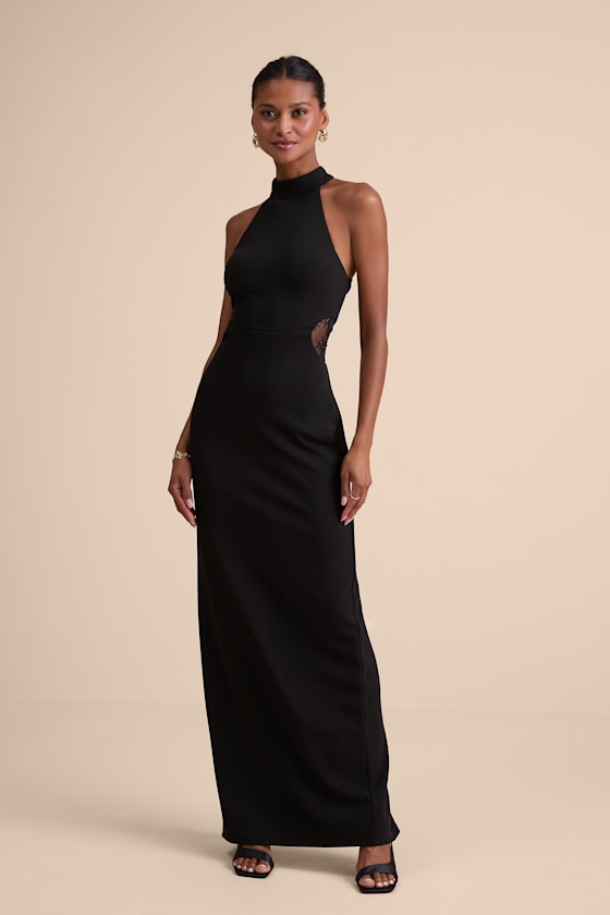 Vira Black Mock Neck Lace Cutout Maxi Dress 1