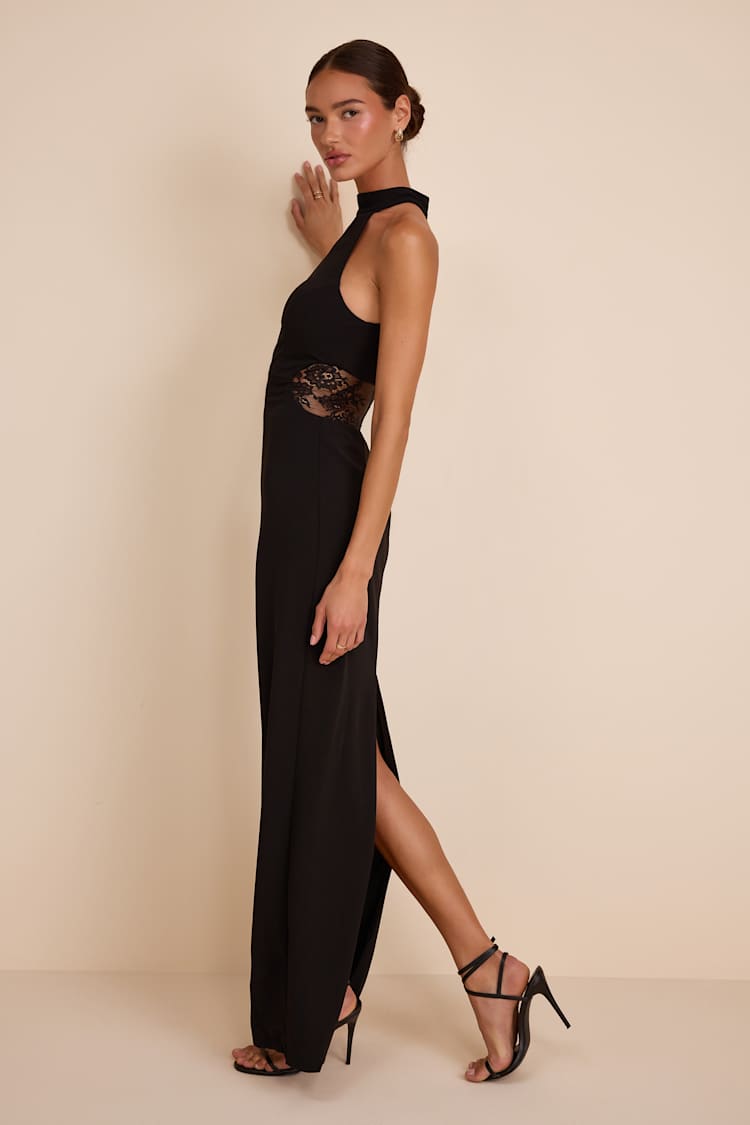 Lulus | Black Mock Neck Lace Cutout Maxi Dress | Womens | Medium (Available in XS, S, L, Xl) | 100% Polyester