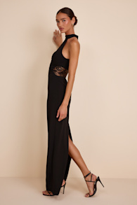 Vira Black Mock Neck Lace Cutout Maxi Dress 2
