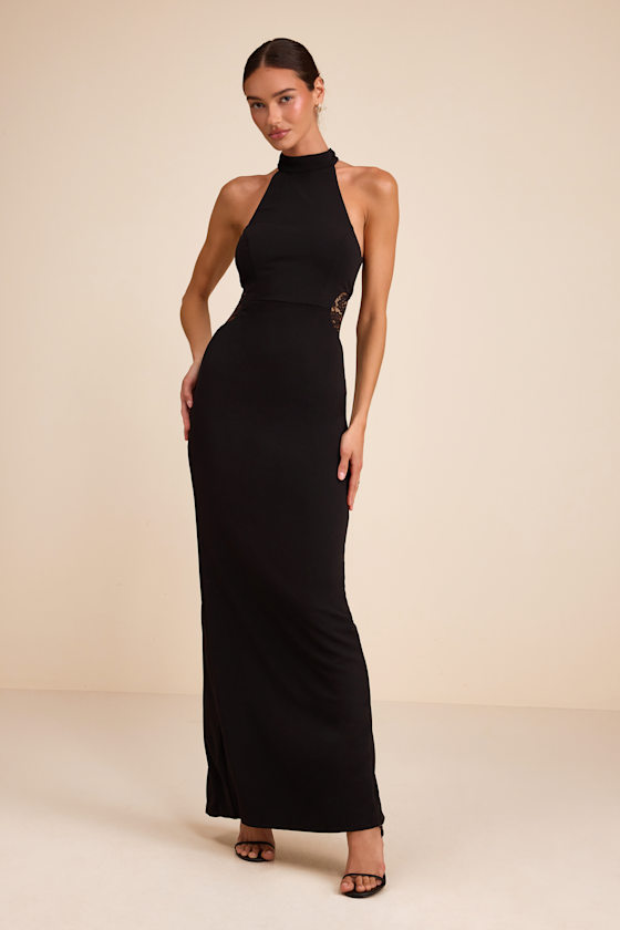 Vira Black Mock Neck Lace Cutout Maxi Dress 5