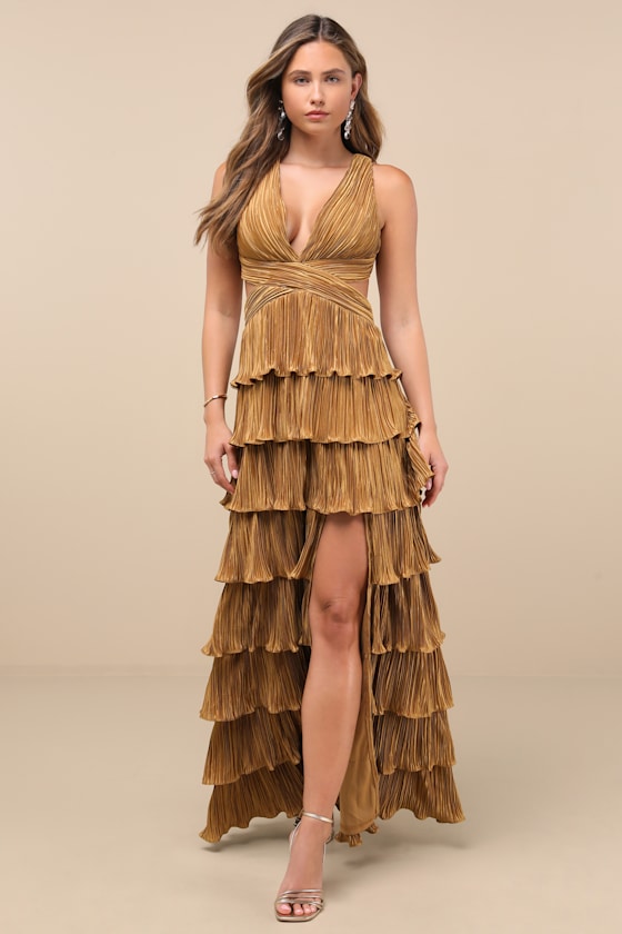Beauty Icon Gold Satin Pleated Tiered Lace-Up Maxi Dress 1