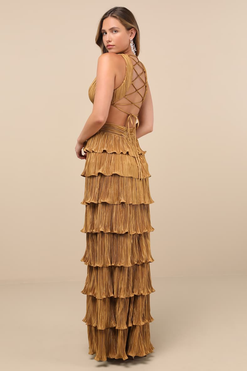 Beauty Icon Gold Satin Pleated Tiered Lace-Up Maxi Dress