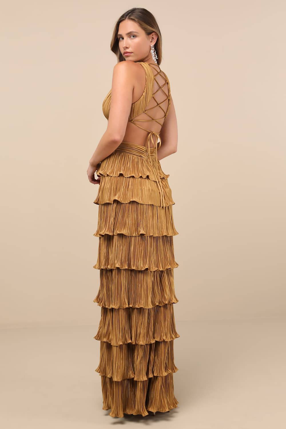 Beauty Icon Gold Satin Pleated Tiered Lace-Up Maxi Dress