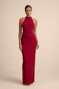Vira Red Mock Neck Lace Cutout Maxi Dress 1