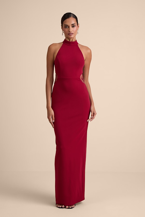 Vira Red Mock Neck Lace Cutout Maxi Dress 1